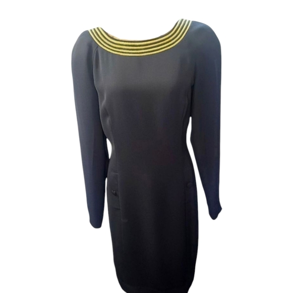 Vintage 80s Patricia Magali Black Metallic Gold Structured Long Sleeve Dress - Picture 1 of 17